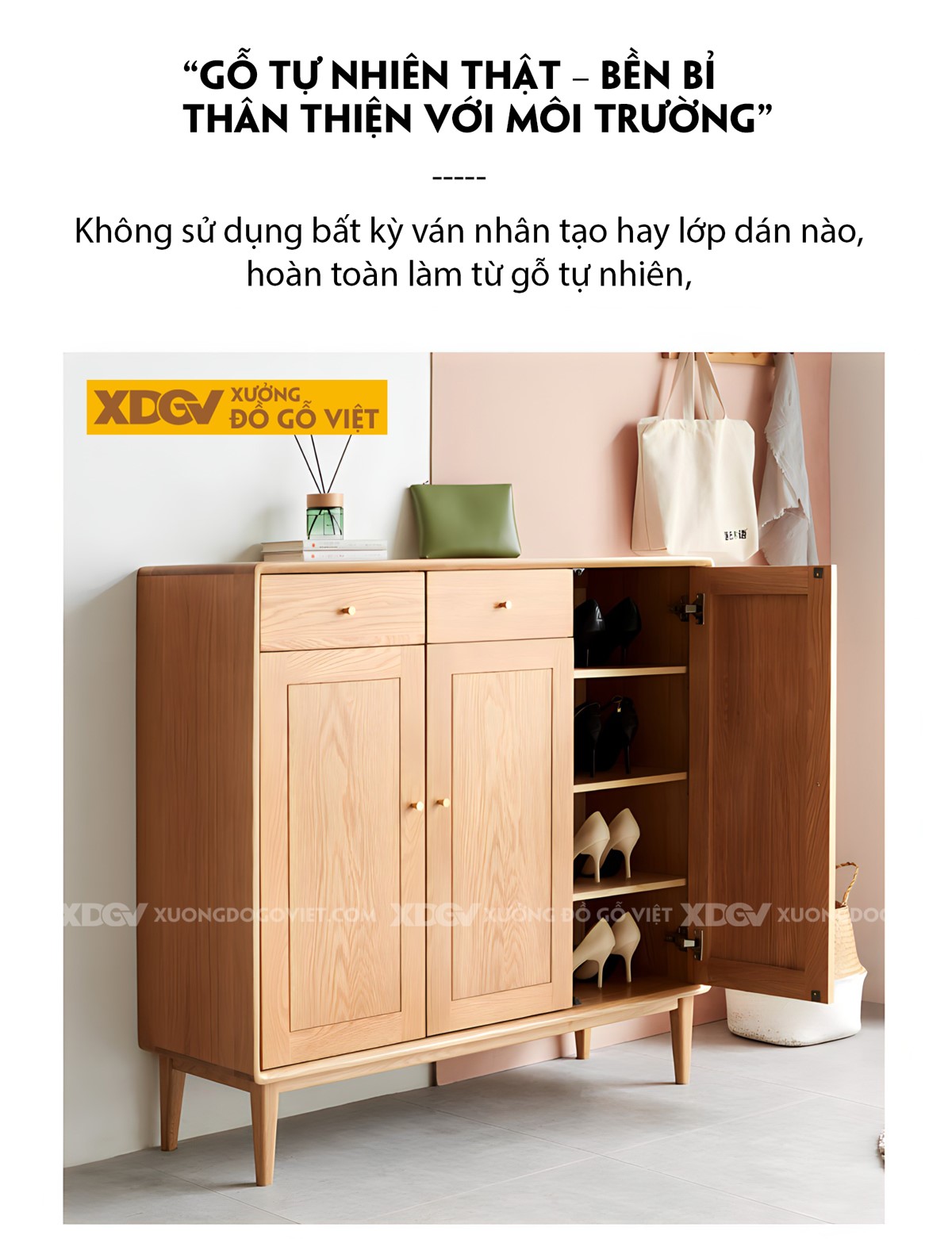 Tủ Giày 3 Cánh Gỗ Sồi Góc Vát Cạnh Tích Hợp Ngăn Kéo Trên