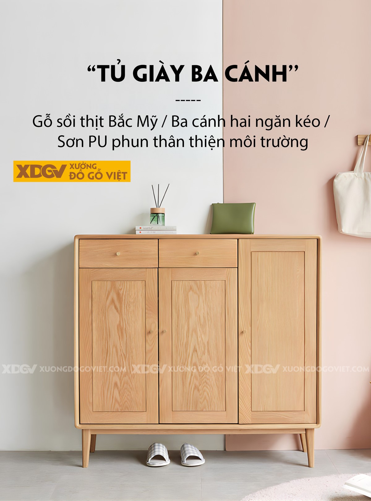 Tủ Giày 3 Cánh Gỗ Sồi Góc Vát Cạnh Tích Hợp Ngăn Kéo Trên