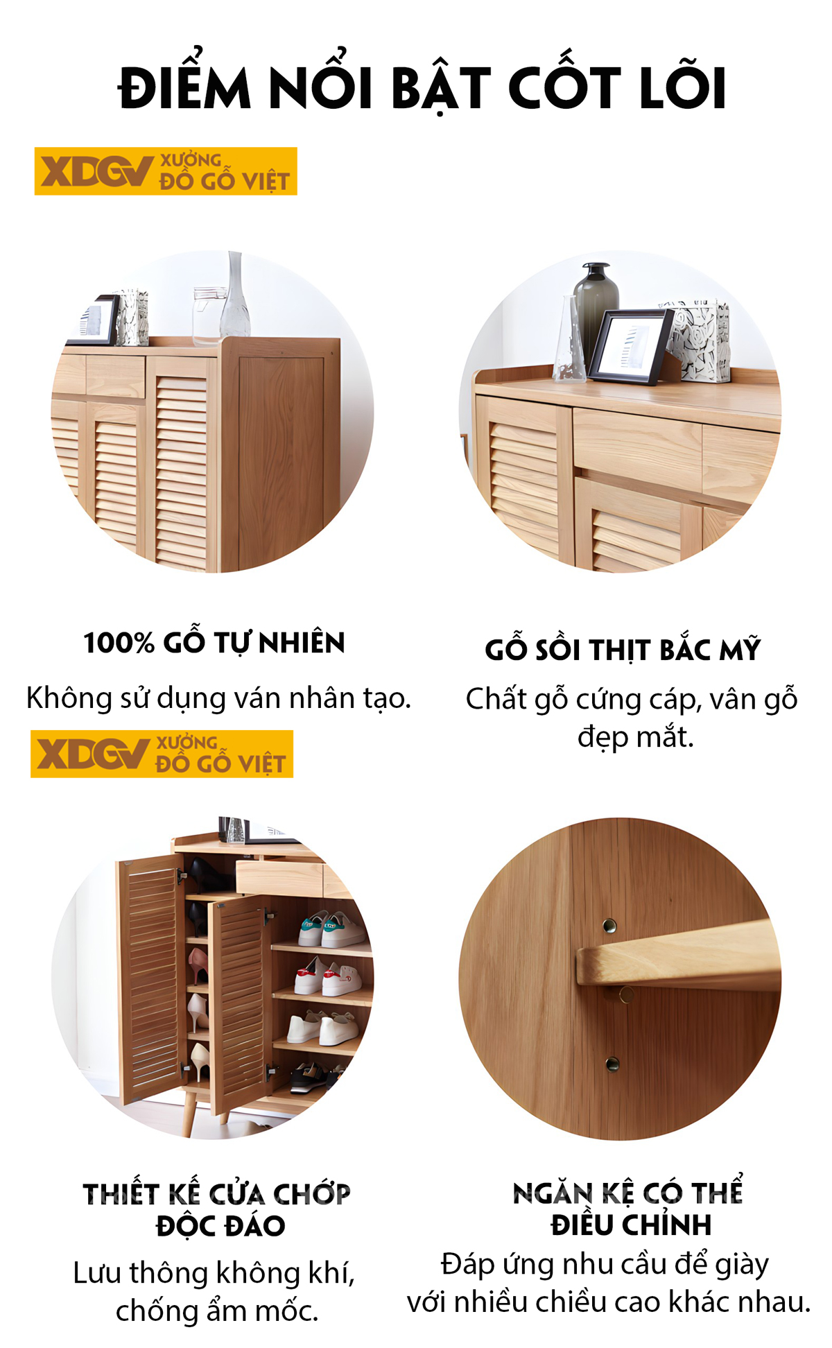 Tủ Giày Dép Gỗ Sồi 4 Cánh Lá Sách Chân Cao 2 Ngăn Kéo Trên