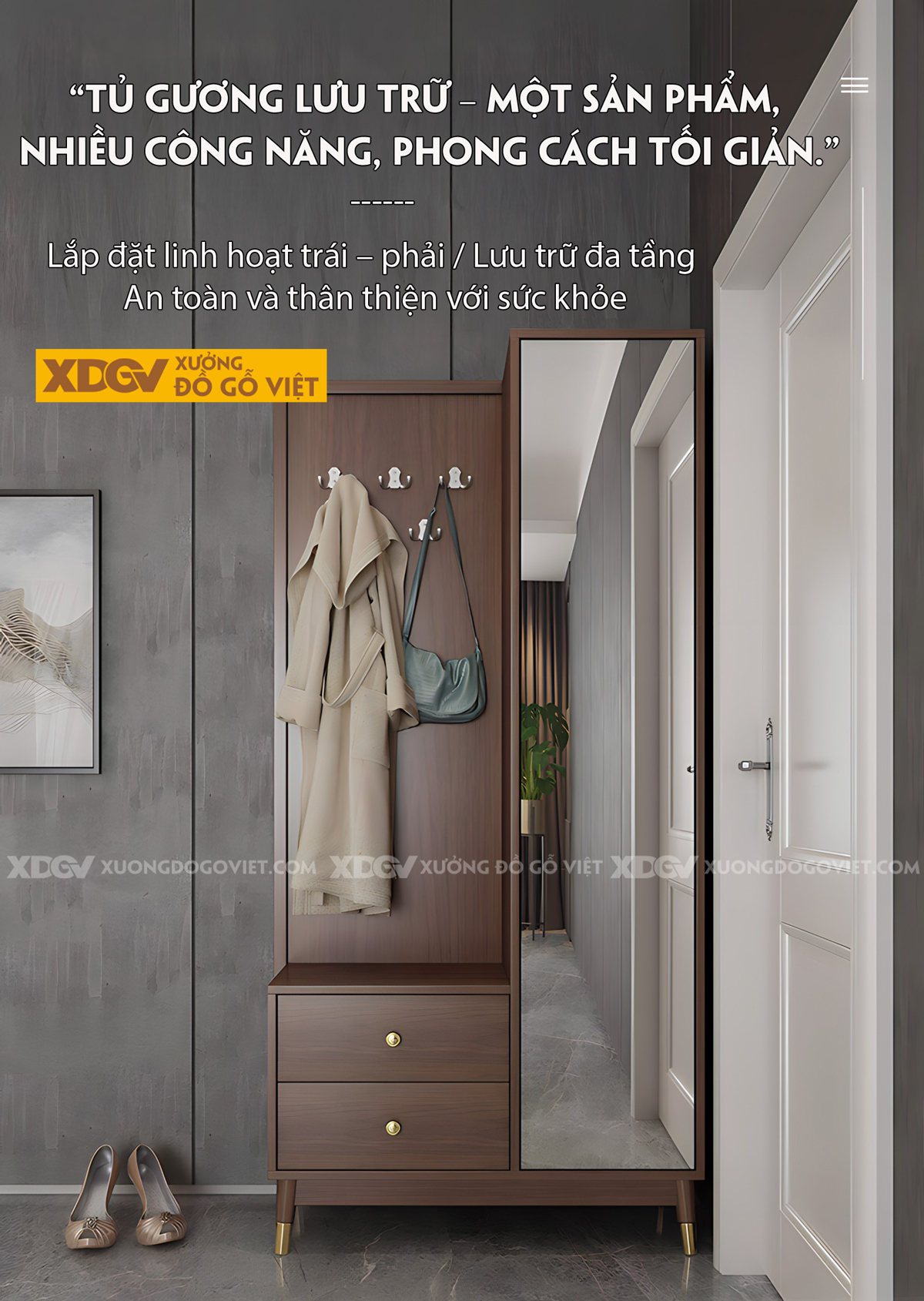 Tủ Giày Gỗ Công Nghiệp MDF Cánh Gương Soi Nhiều Ngăn Đựng