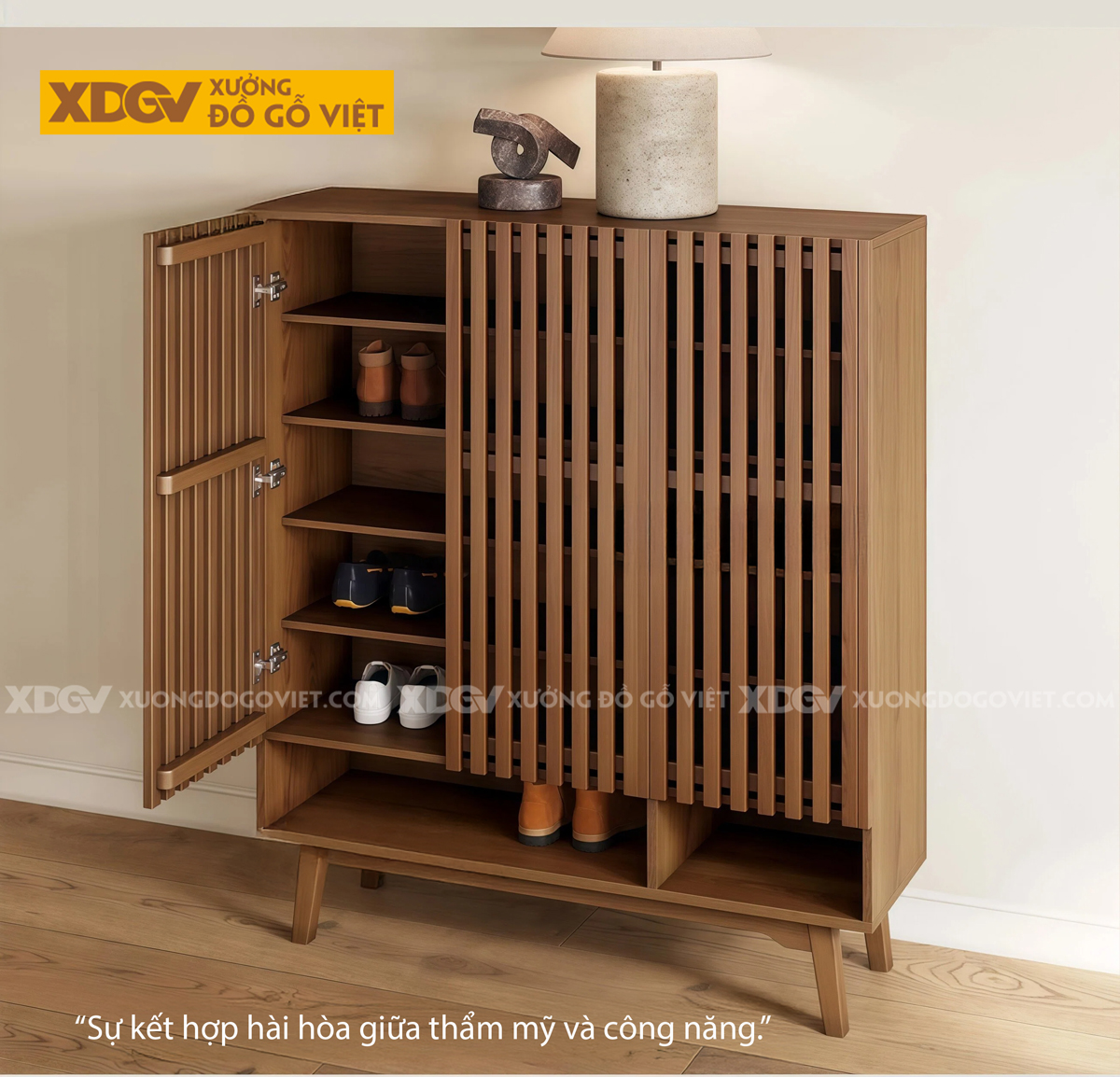 Tủ Giày Gỗ Sồi Dáng Vuông Thiết Kế Cánh Nan Siêu Thoáng Khí