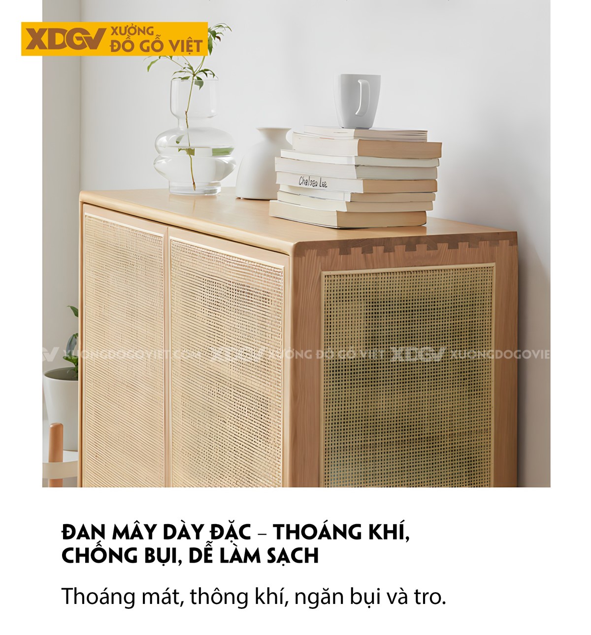 Tủ Giày Gỗ Sồi Mỹ Chân Cao Cánh Đan Mây Có Kệ Hở Đựng Ngoài