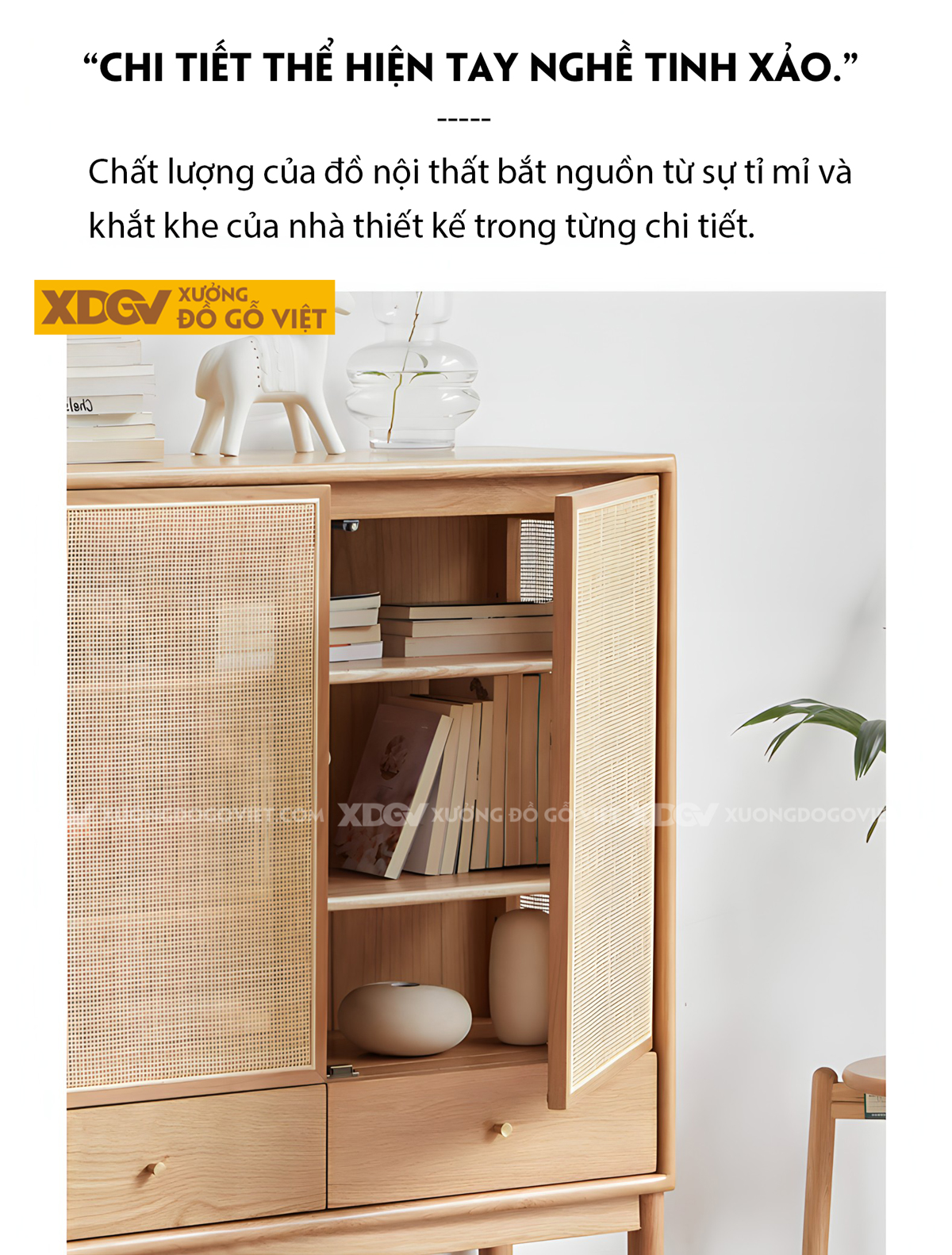 Tủ Giày Gỗ Sồi Mỹ Chân Cao Cánh Đan Mây Có Kệ Hở Đựng Ngoài