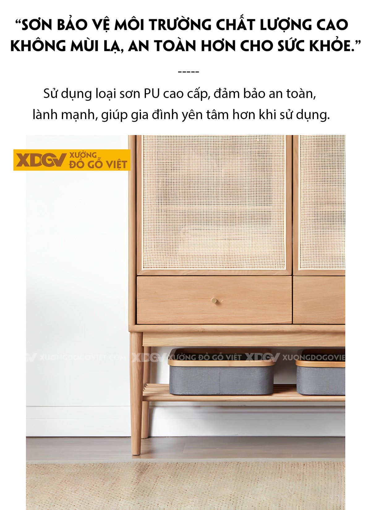 Tủ Giày Gỗ Sồi Mỹ Chân Cao Cánh Đan Mây Có Kệ Hở Đựng Ngoài