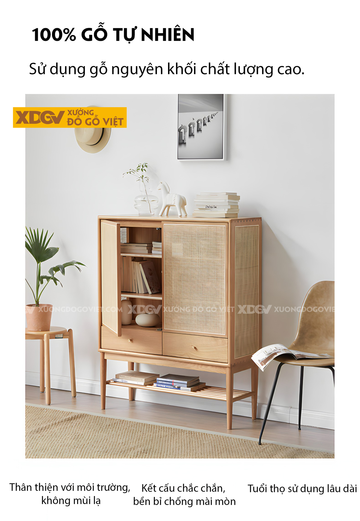 Tủ Giày Gỗ Sồi Mỹ Chân Cao Cánh Đan Mây Có Kệ Hở Đựng Ngoài