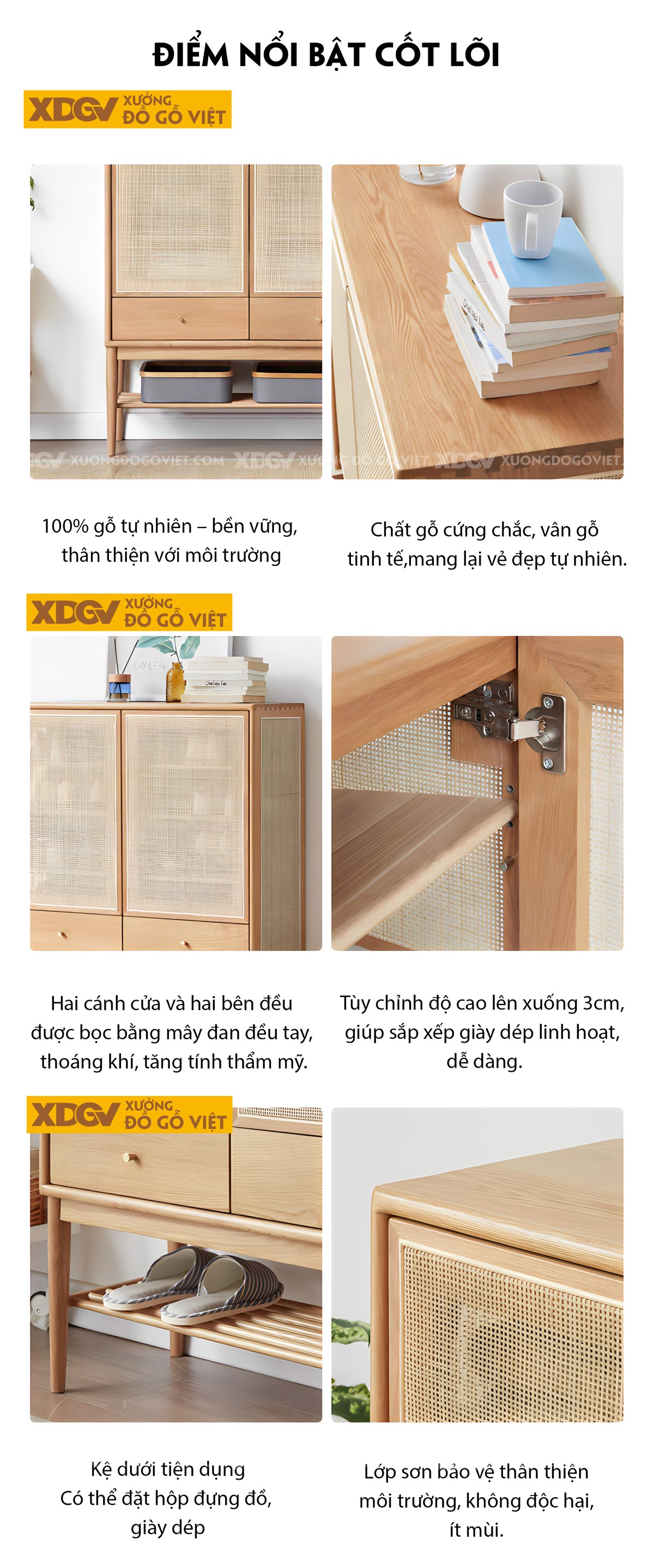 Tủ Giày Gỗ Sồi Mỹ Chân Cao Cánh Đan Mây Có Kệ Hở Đựng Ngoài