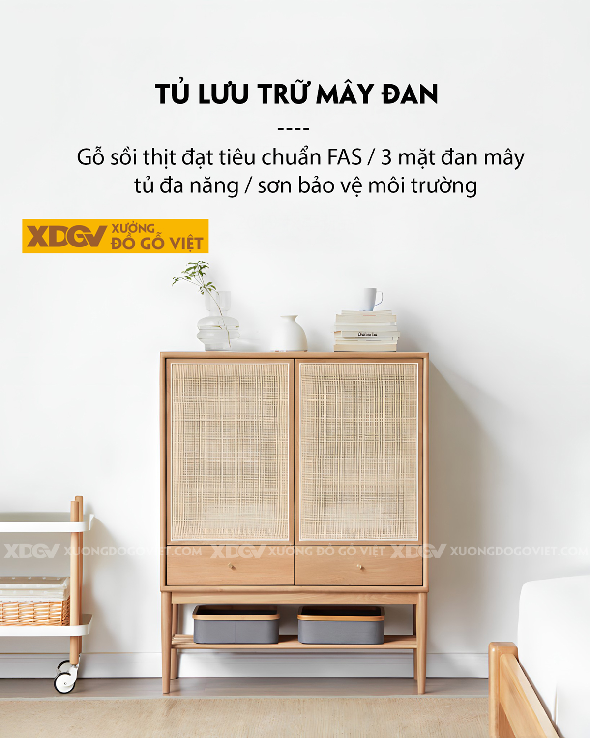 Tủ Giày Gỗ Sồi Mỹ Chân Cao Cánh Đan Mây Có Kệ Hở Đựng Ngoài