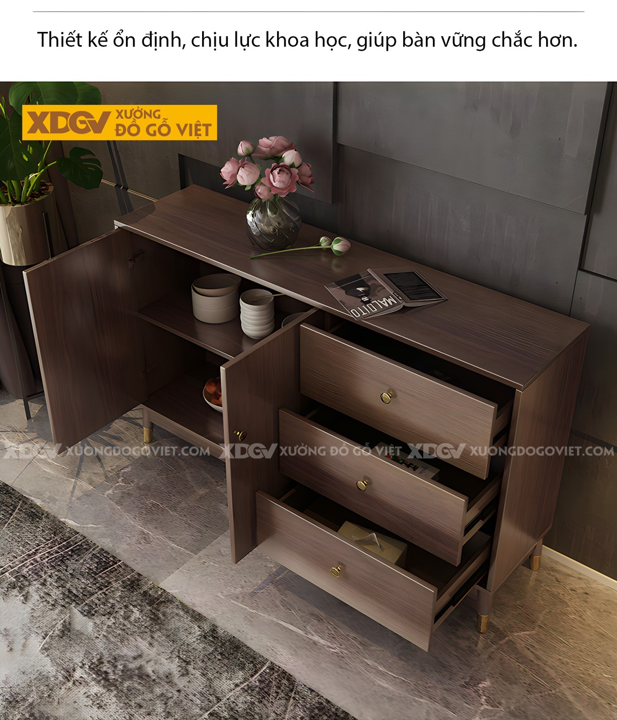 Tủ Giày MDF Mặt Phẳng Tay Nắm Và Chân Bọc Kim Loại Vàng