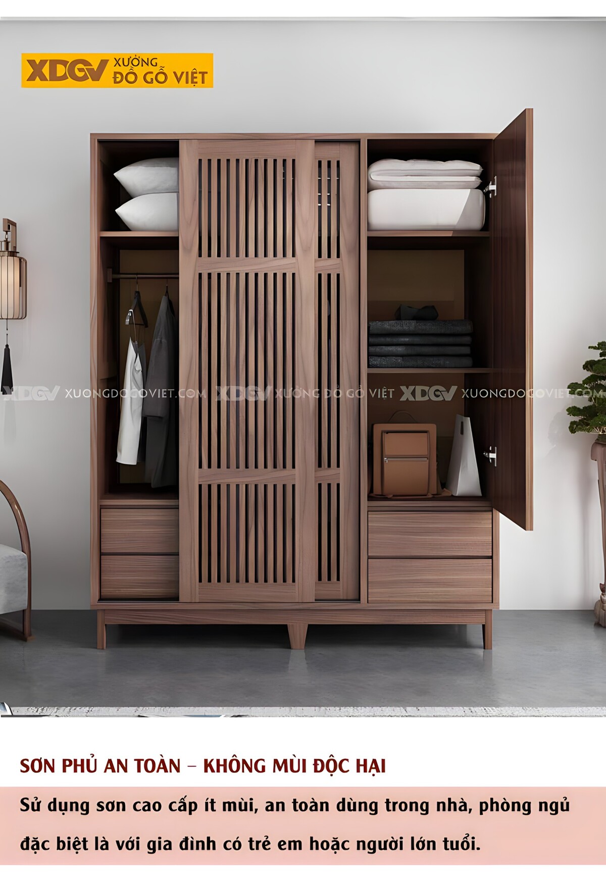 Tủ Gỗ Quần Áo Veneer Óc Chó 3 Cánh Cửa Lùa Pano Thanh Nan