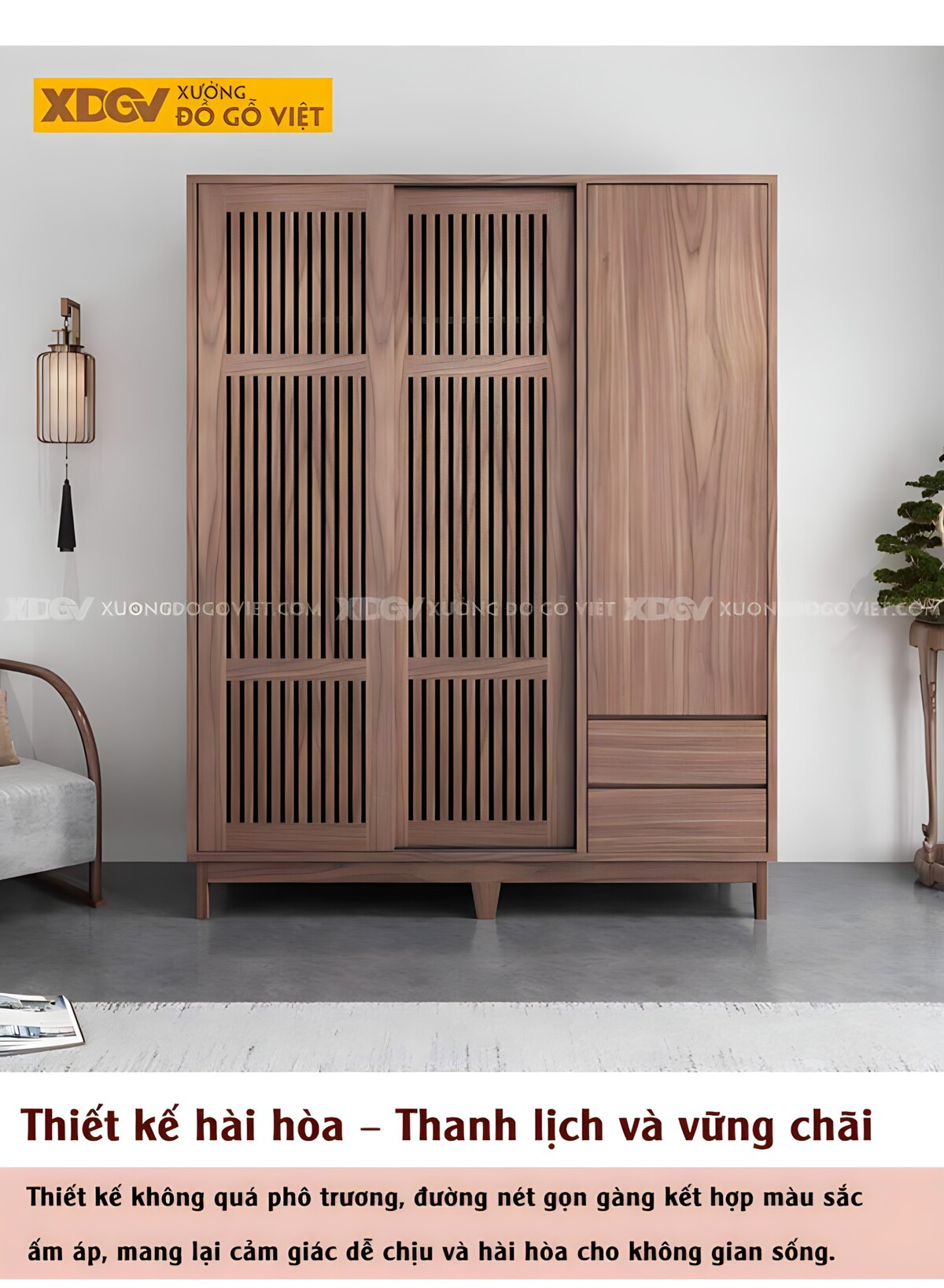 Tủ Gỗ Quần Áo Veneer Óc Chó 3 Cánh Cửa Lùa Pano Thanh Nan