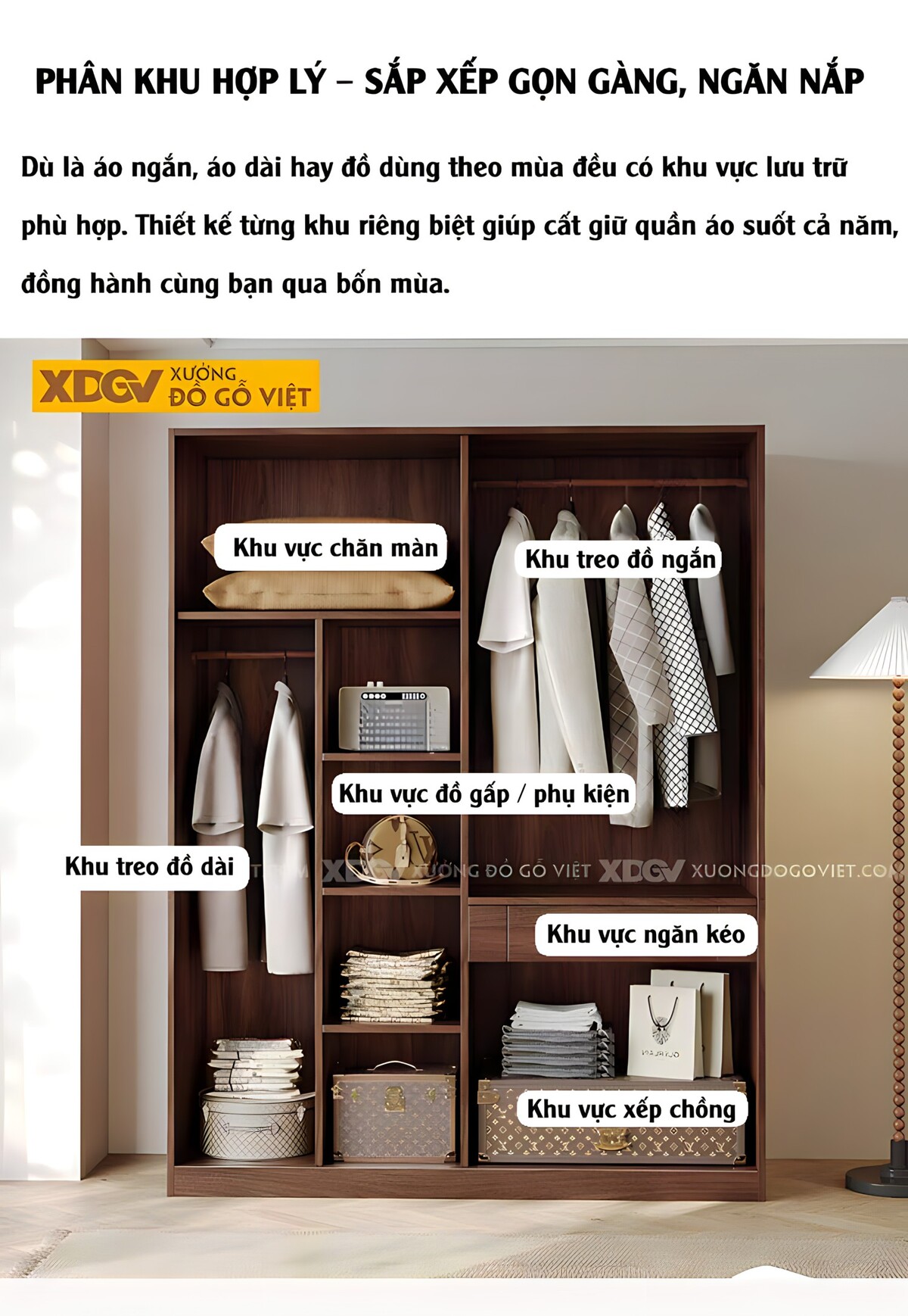 Tủ Gỗ Quần Áo Veneer Óc Chó 4 Cánh Phẳng Tay Nắm Đen Dài