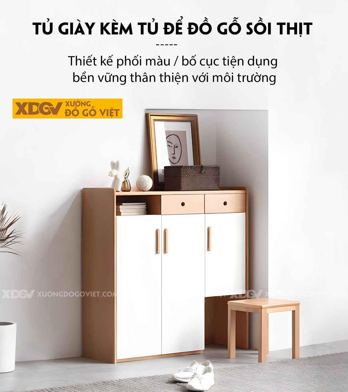 Tủ Gỗ Sồi Mỹ Cánh Sơn Trắng Có Ngăn Chứa Ghế Ngồi Thử Giày