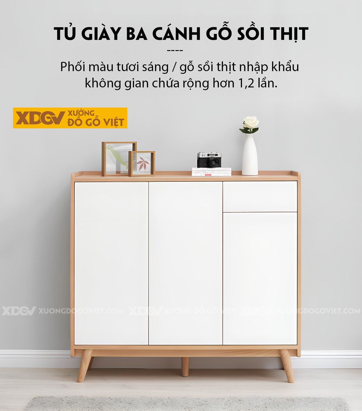 Tủ Gỗ Sồi Tự Nhiên Đựng Giày Dép Cánh Sơn Trắng Hiện Đại