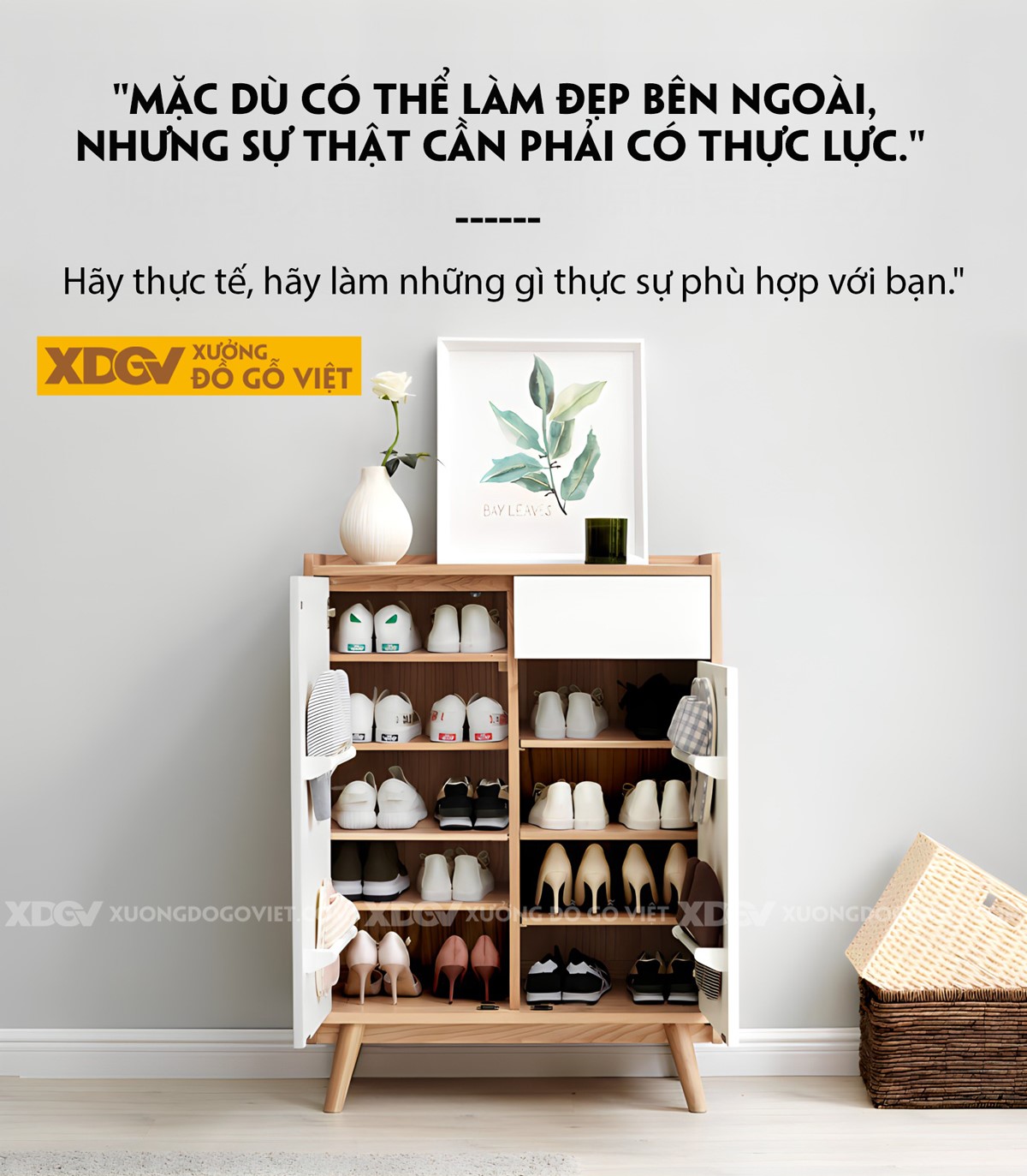 Tủ Gỗ Sồi Tự Nhiên Đựng Giày Dép Cánh Sơn Trắng Hiện Đại