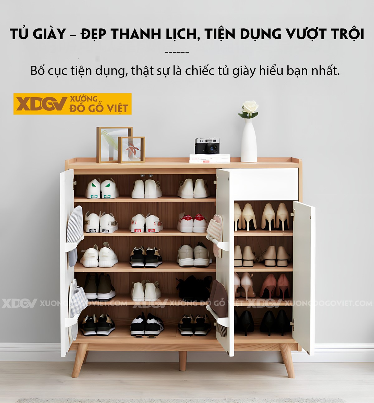 Tủ Gỗ Sồi Tự Nhiên Đựng Giày Dép Cánh Sơn Trắng Hiện Đại