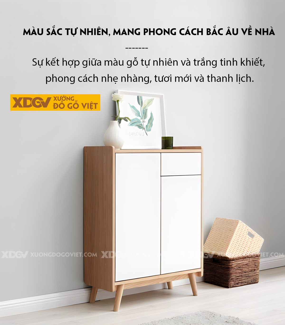 Tủ Gỗ Sồi Tự Nhiên Đựng Giày Dép Cánh Sơn Trắng Hiện Đại