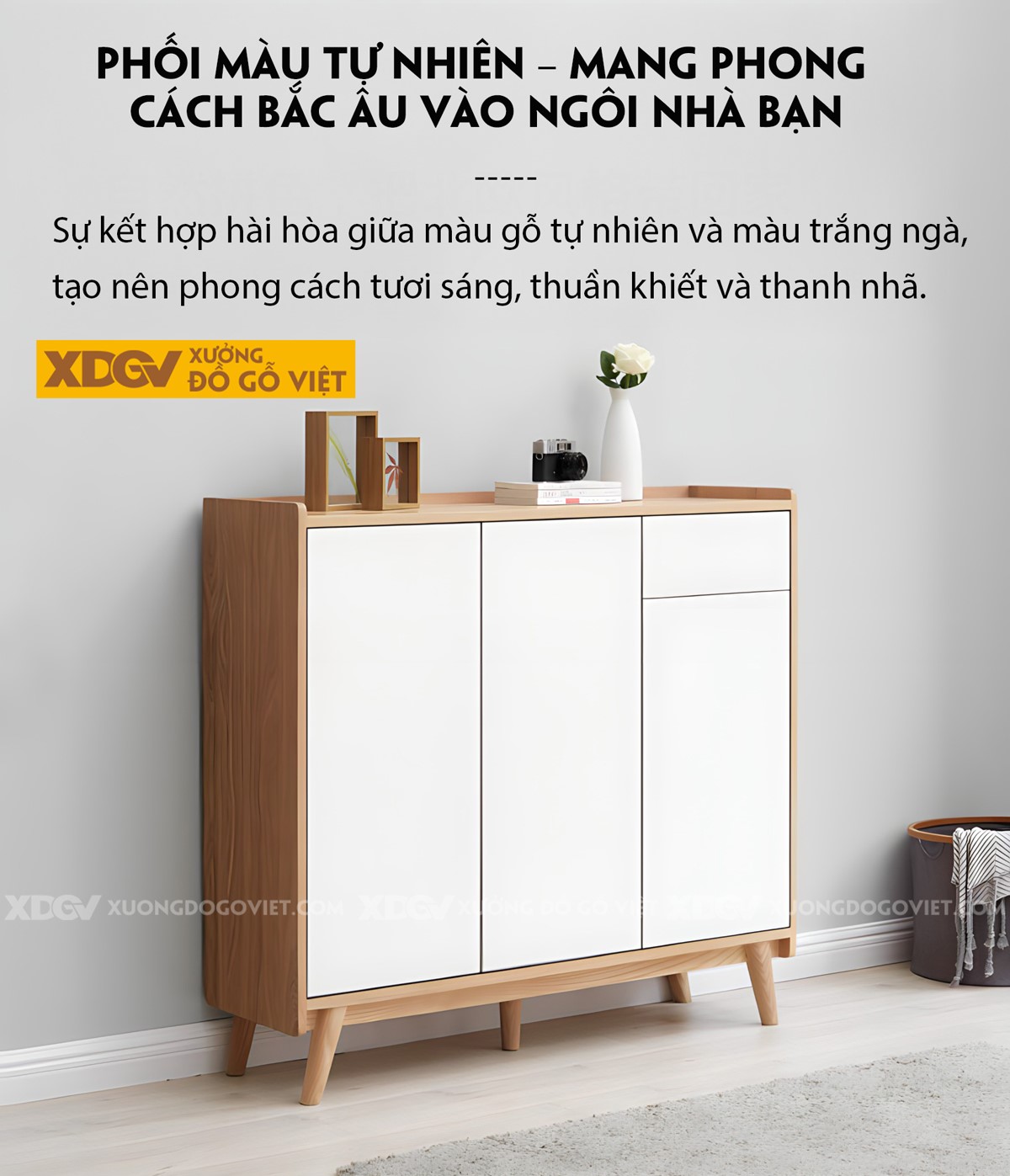 Tủ Gỗ Sồi Tự Nhiên Đựng Giày Dép Cánh Sơn Trắng Hiện Đại
