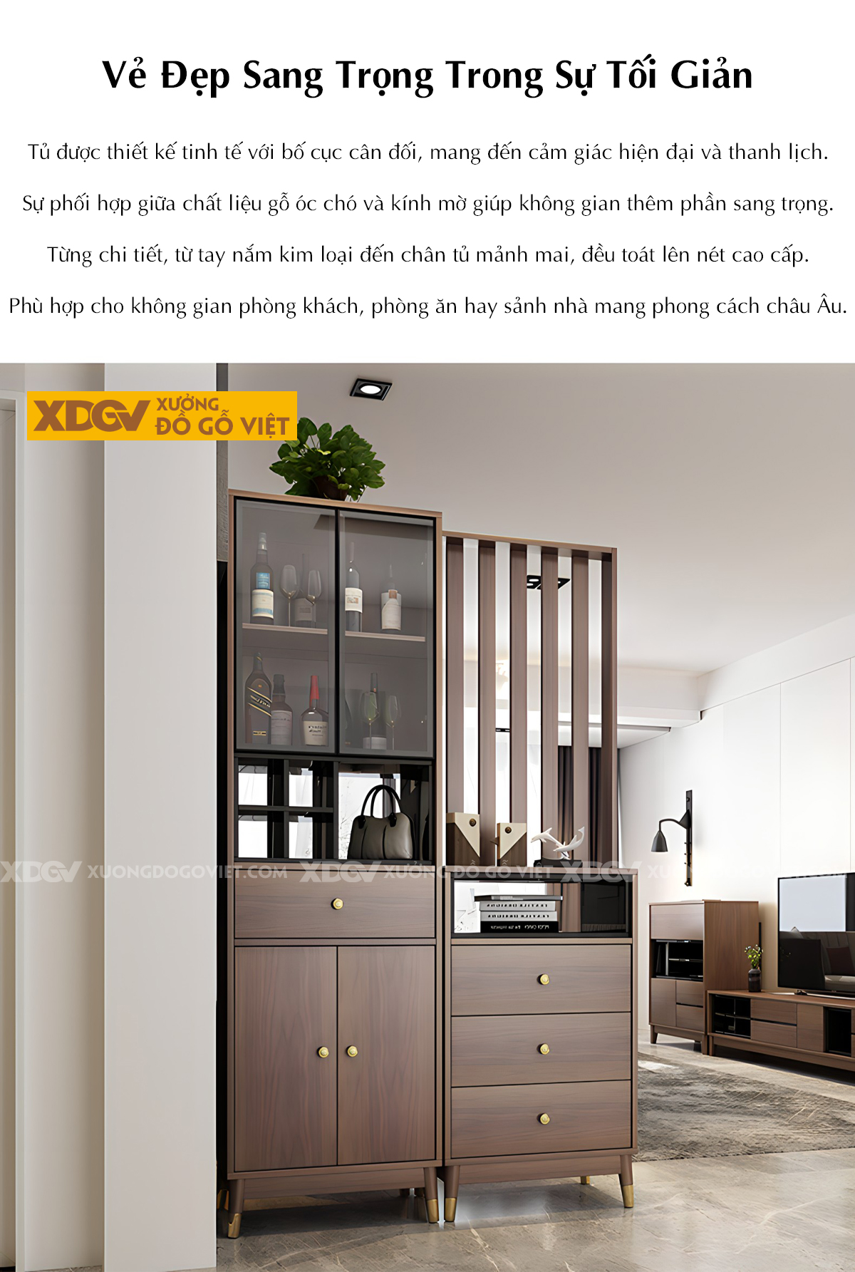 Tủ Lư Trữ Rượu Gỗ Cao Su Cánh Kính Kèm Kệ Trang Trí Đa Năng