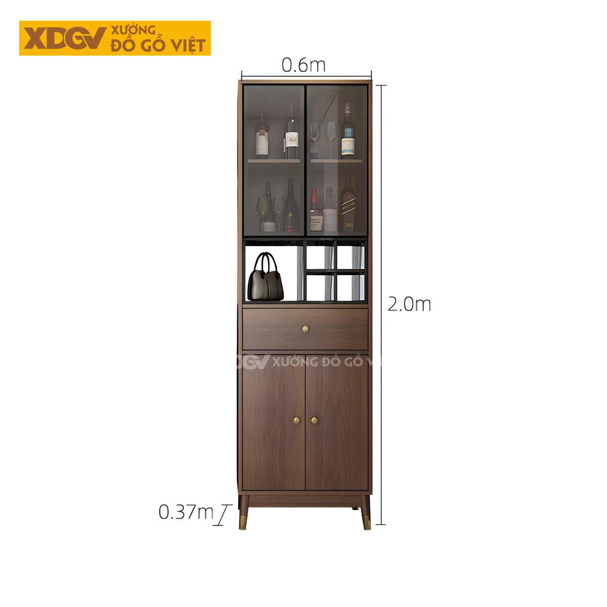 Tủ Lư Trữ Rượu Gỗ Cao Su Cánh Kính Kèm Kệ Trang Trí Đa Năng