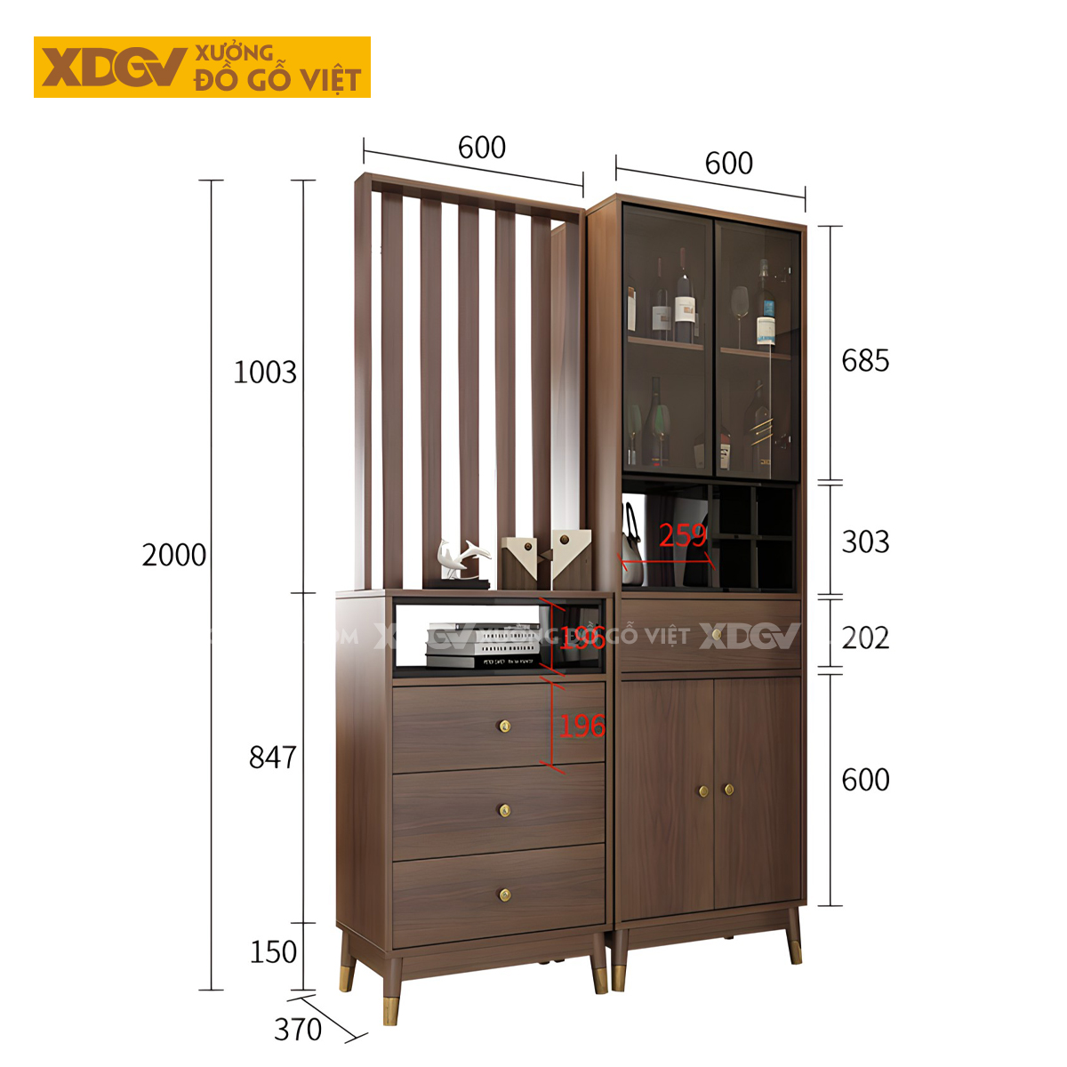 Tủ Lư Trữ Rượu Gỗ Cao Su Cánh Kính Kèm Kệ Trang Trí Đa Năng