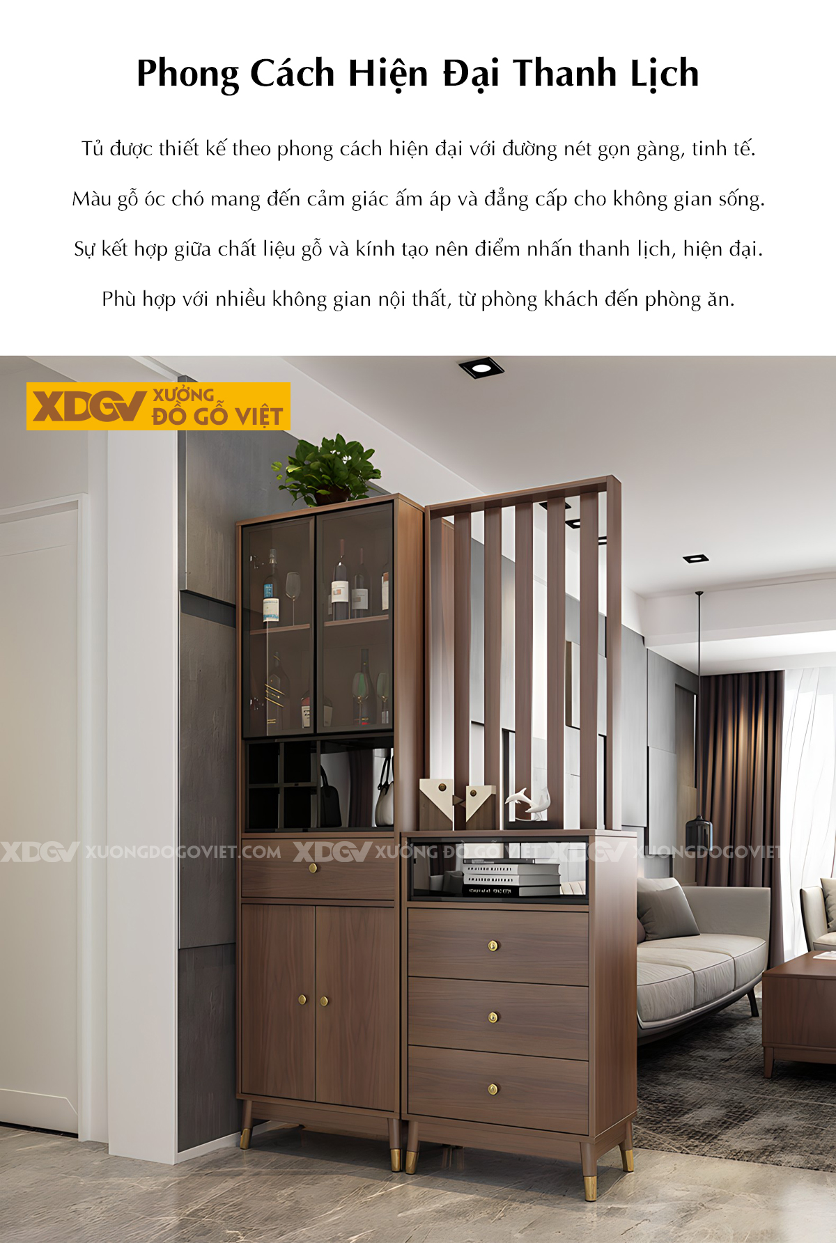 Tủ Lư Trữ Rượu Gỗ Cao Su Cánh Kính Kèm Kệ Trang Trí Đa Năng