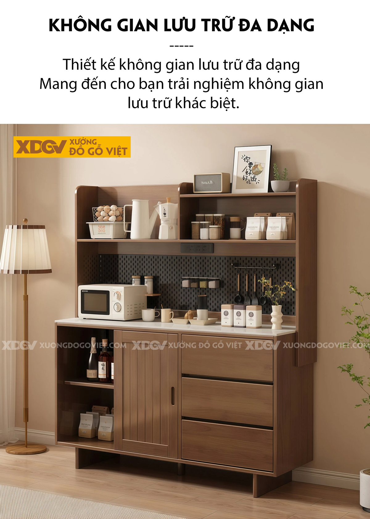 Tủ Lưu Trữ Chén Bát Phòng Bếp 3 Chân Cửa Lùa Phối Bảng Treo