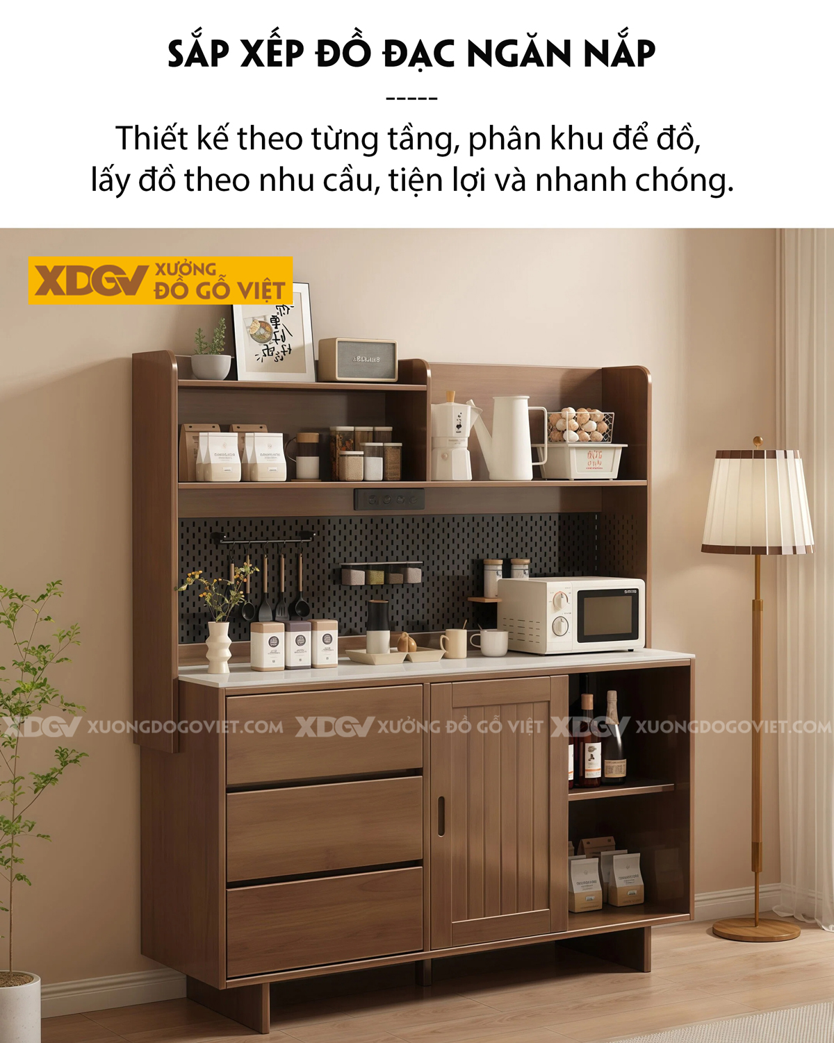 Tủ Lưu Trữ Chén Bát Phòng Bếp 3 Chân Cửa Lùa Phối Bảng Treo