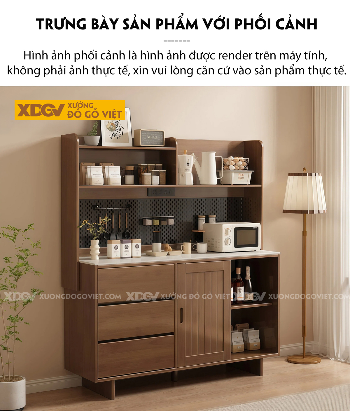 Tủ Lưu Trữ Chén Bát Phòng Bếp 3 Chân Cửa Lùa Phối Bảng Treo