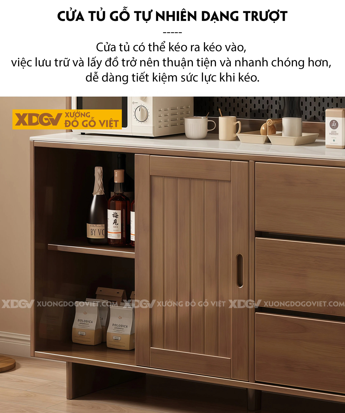 Tủ Lưu Trữ Chén Bát Phòng Bếp 3 Chân Cửa Lùa Phối Bảng Treo