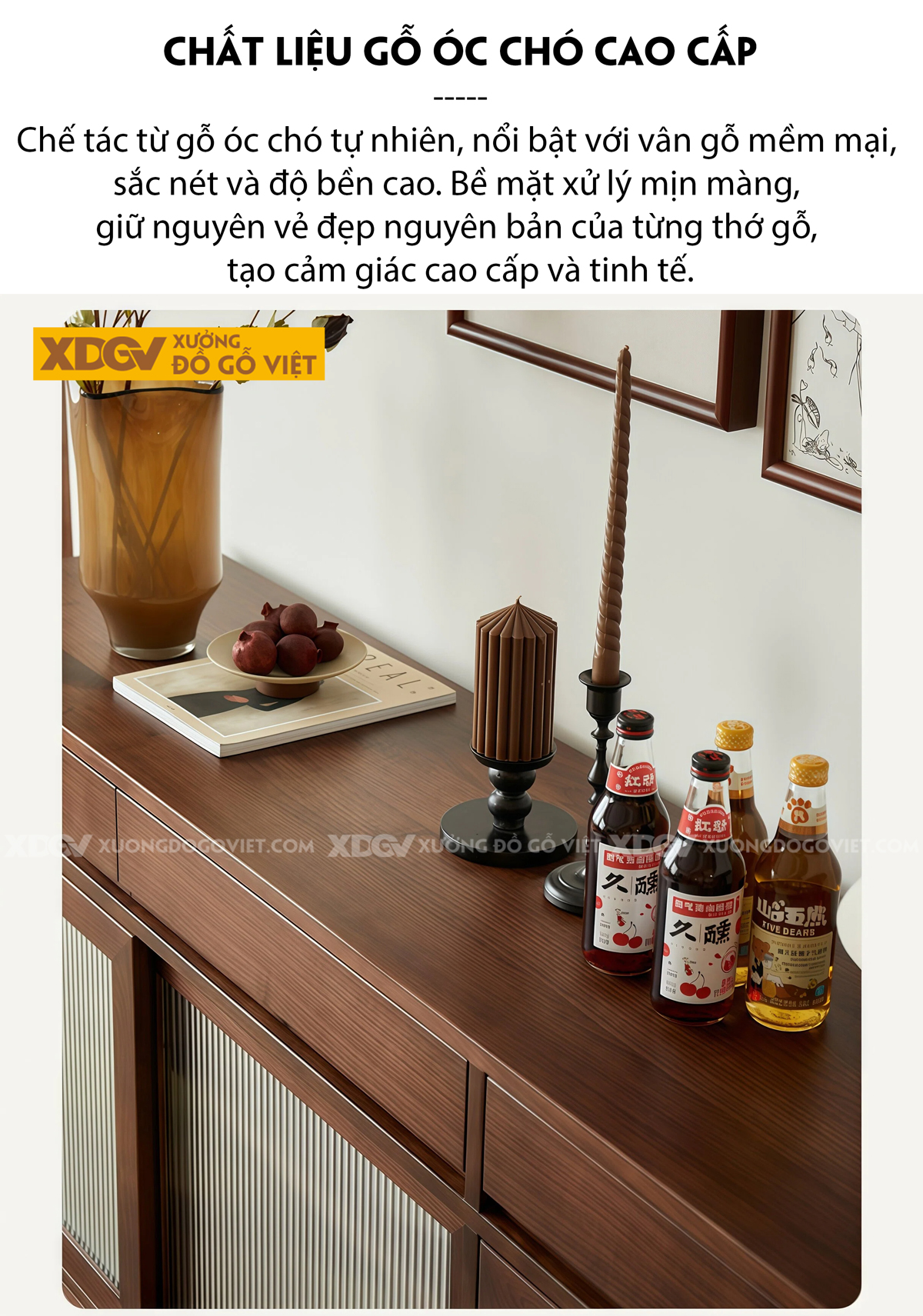 Tủ Lưu Trữ Chén Bát Veneer Sồi 3 Chân Cửa Lùa Phối Bảng Treo