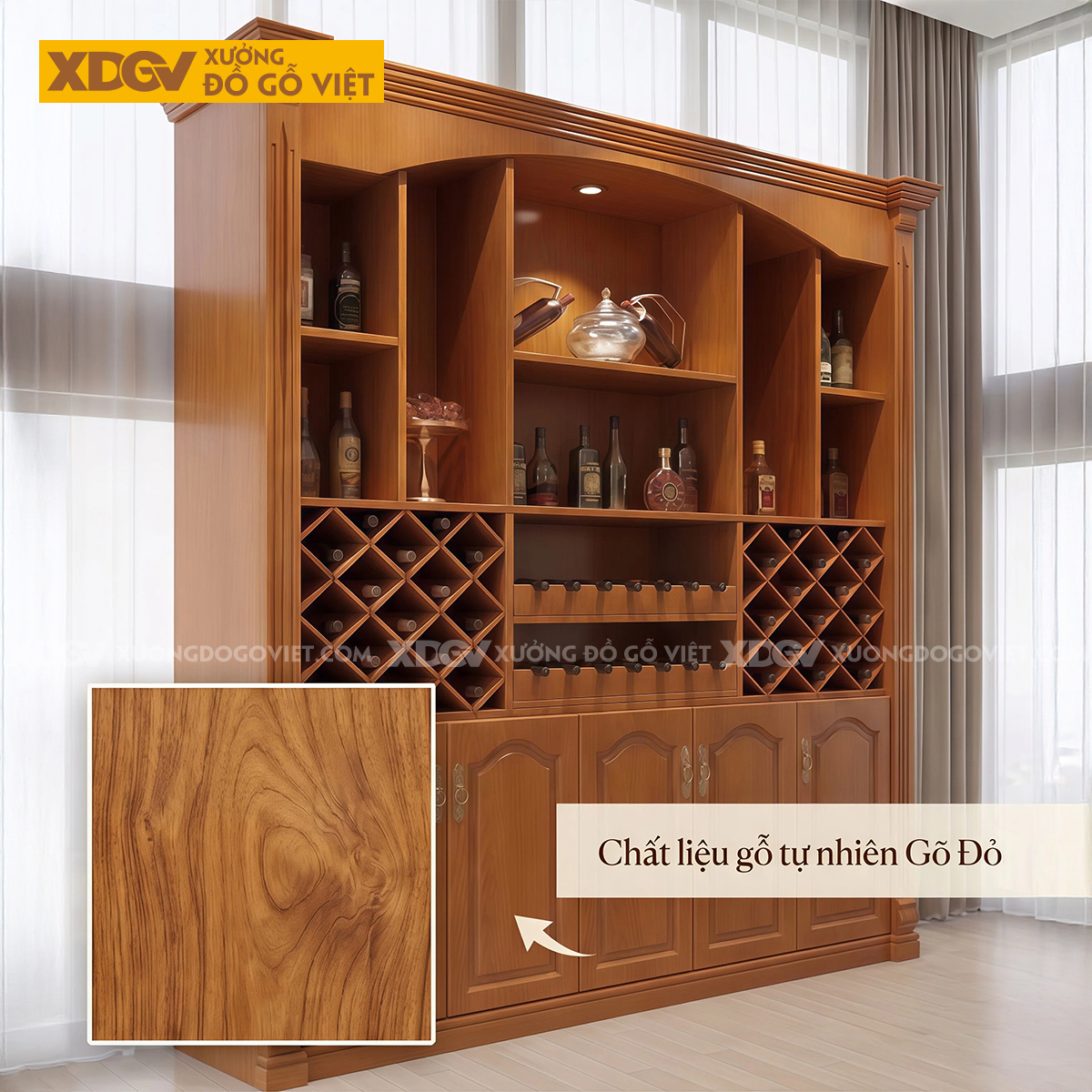 Tủ Lưu Trữ Rượu Phòng Khách Gỗ Gõ Đỏ Phối Kệ Rượu Đối Xứng