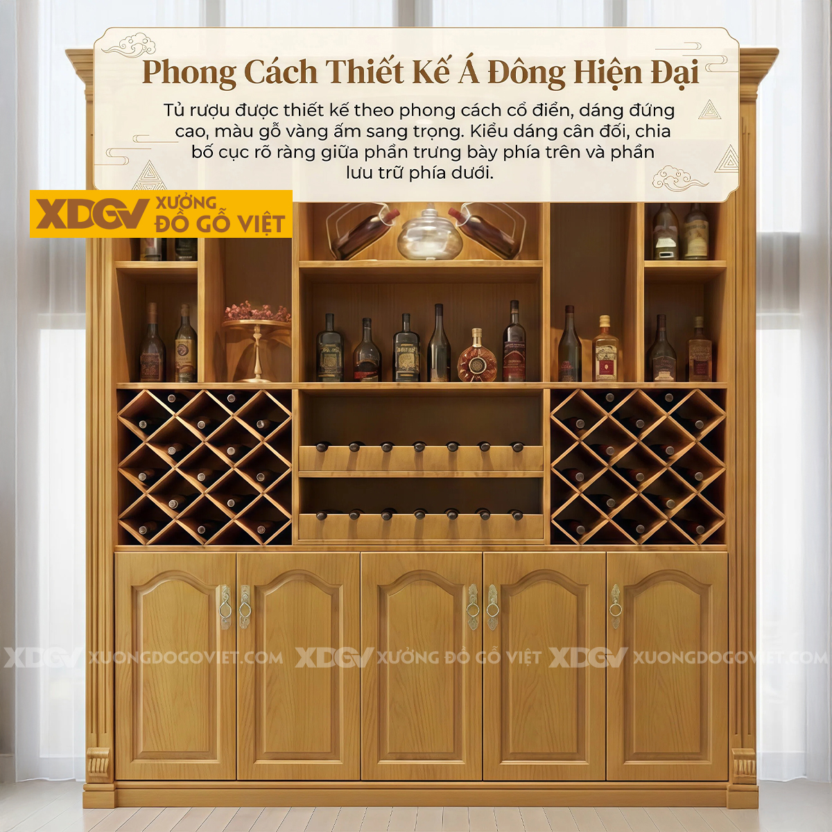 Tủ Lưu Trữ Rượu Phòng Khách Gỗ Gõ Đỏ Phối Kệ Rượu Đối Xứng