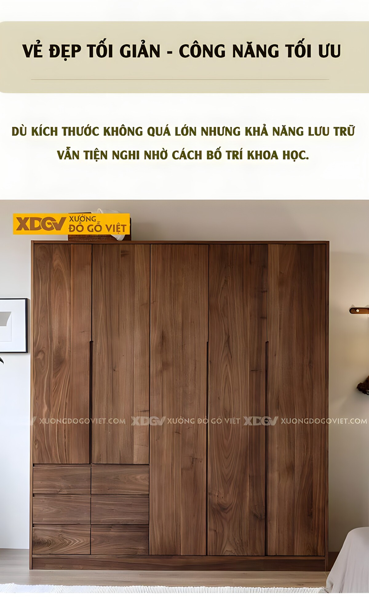 Tủ Quần Áo Đẹp Gỗ Veneer Óc Chó 5 Cánh Cửa Mở Tay Nắm Âm
