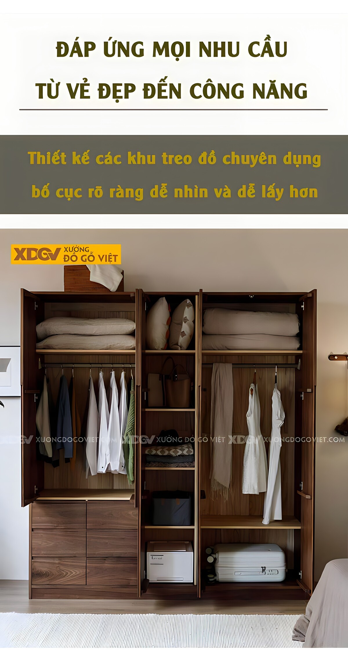 Tủ Quần Áo Đẹp Gỗ Veneer Óc Chó 5 Cánh Cửa Mở Tay Nắm Âm