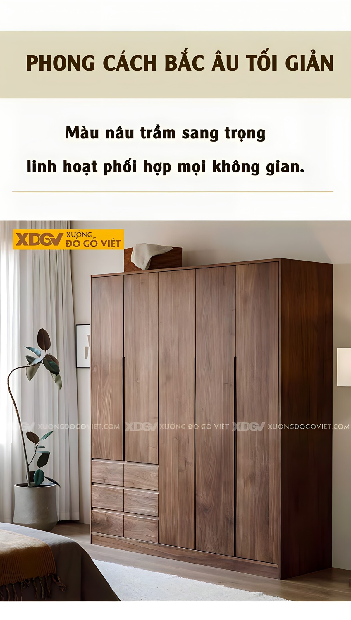 Tủ Quần Áo Đẹp Gỗ Veneer Óc Chó 5 Cánh Cửa Mở Tay Nắm Âm