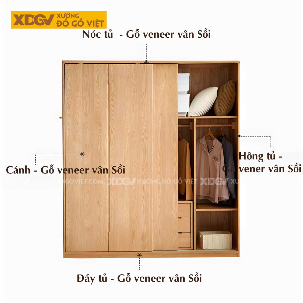 Tủ Quần Áo Đẹp Gỗ Veneer Sồi Tối Giản Cửa Lùa 2 Cánh Lớn