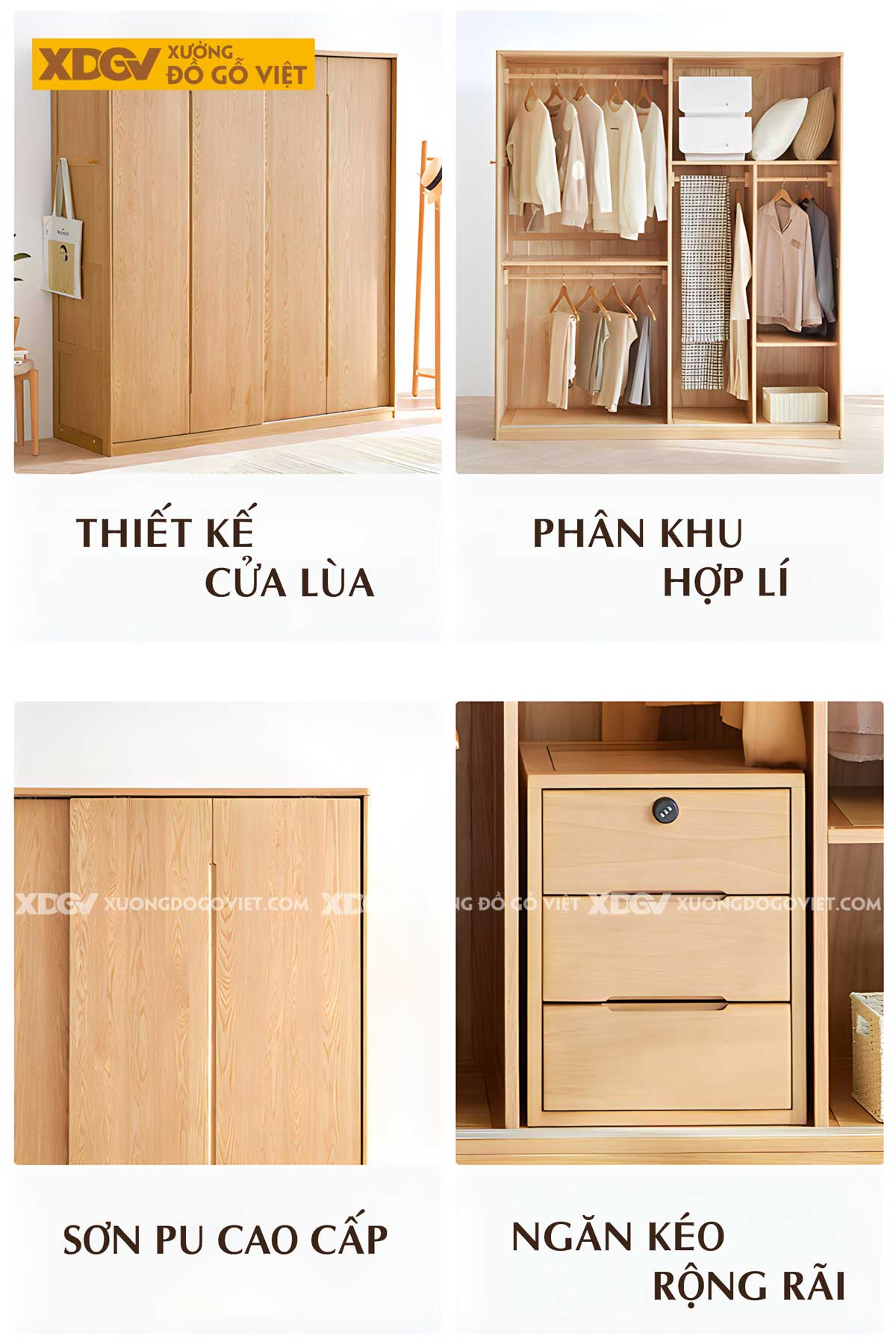 Tủ Quần Áo Đẹp Gỗ Veneer Sồi Tối Giản Cửa Lùa 2 Cánh Lớn