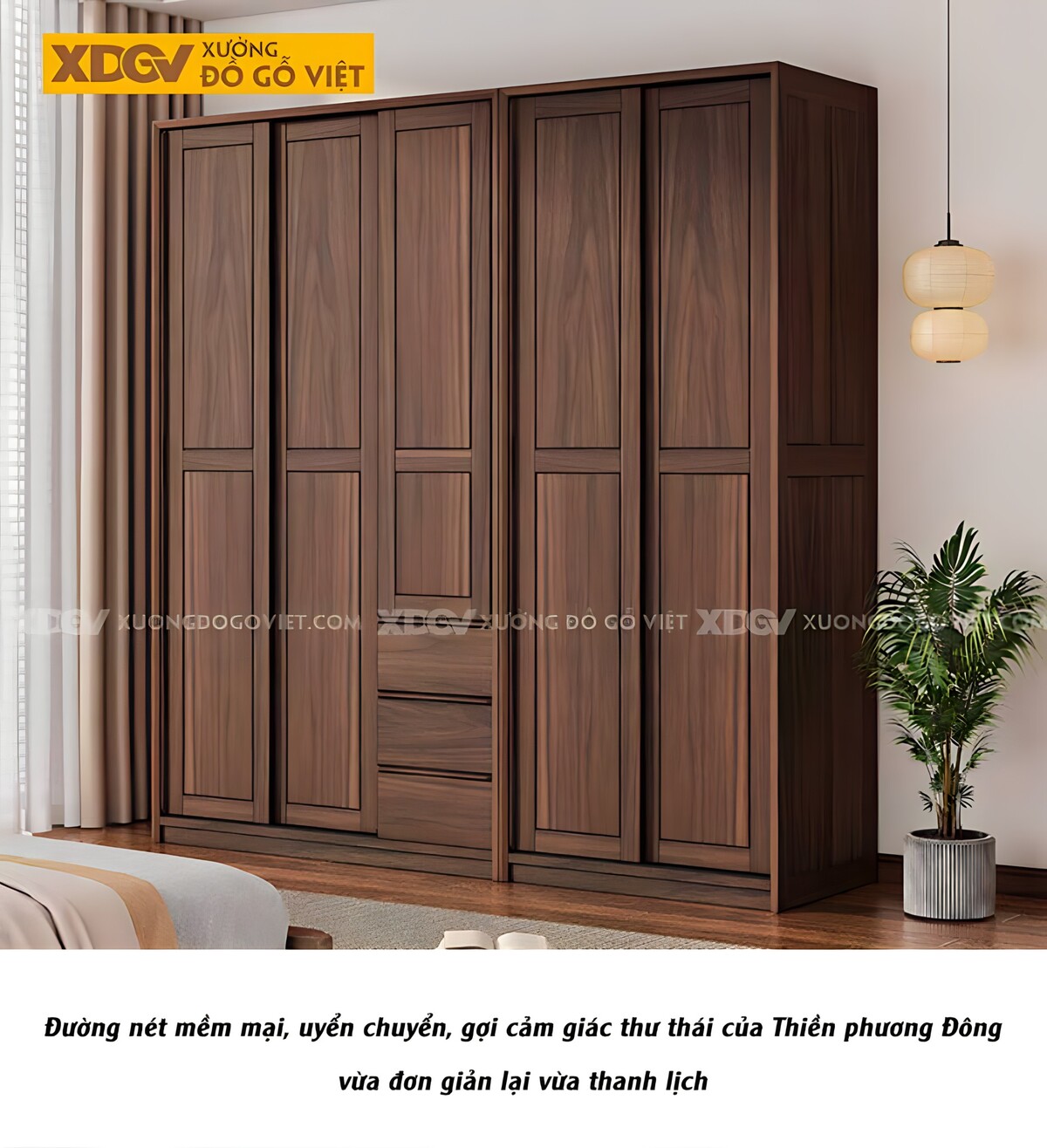 Tủ Quần Áo Đôi Gỗ Óc Chó Cửa Lùa Khung Pano Sang Trọng