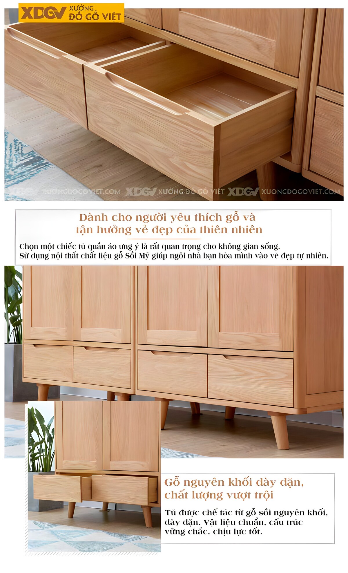 Tủ Quần Áo Đôi Gỗ Sồi Mỹ Á Đông Cửa Mở 2 Cánh Có Ngăn Kéo