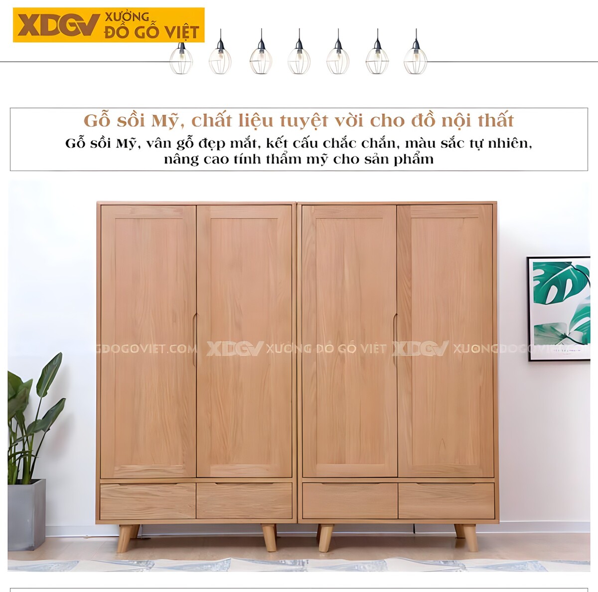 Tủ Quần Áo Đôi Gỗ Sồi Mỹ Á Đông Cửa Mở 2 Cánh Có Ngăn Kéo