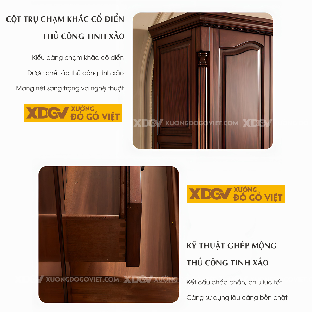 Tủ Quần Áo Gỗ Căm Xe Cổ Điển Hoàng Gia Chạm Khắc Tinh Xảo