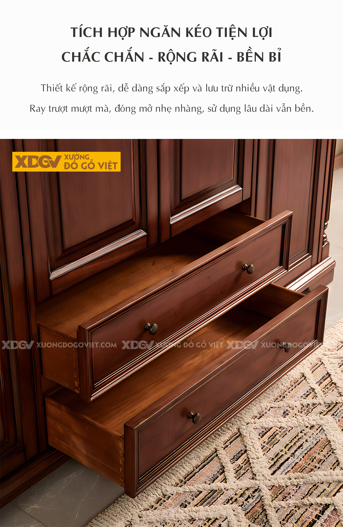 Tủ Quần Áo Gỗ Căm Xe Cổ Điển Hoàng Gia Chạm Khắc Tinh Xảo