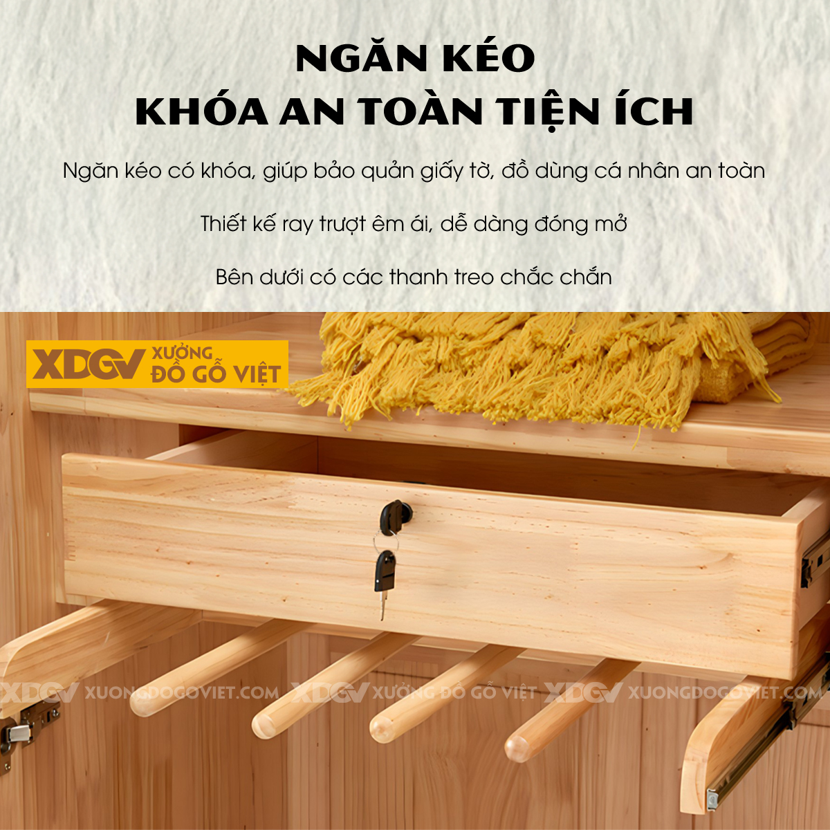 Tủ Quần Áo Gỗ Cao Su 4 Cánh Kẻ Chỉ Ngang Trang Trí Đẹp