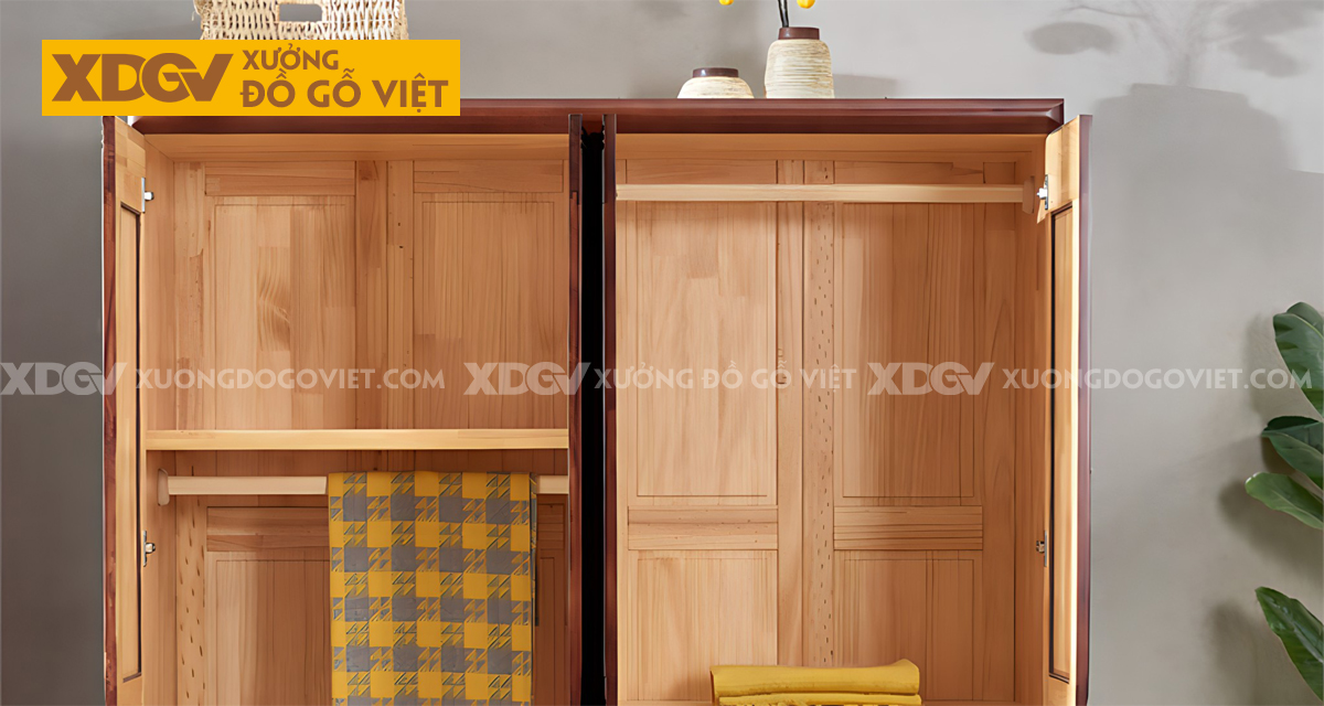 Tủ Quần Áo Gỗ Cao Su 4 Cánh Kẻ Chỉ Ngang Trang Trí Đẹp