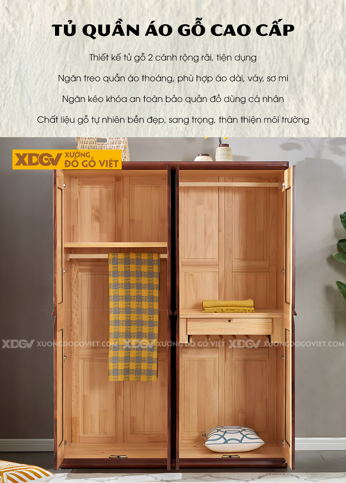 Tủ Quần Áo Gỗ Cao Su 4 Cánh Kẻ Chỉ Ngang Trang Trí Đẹp