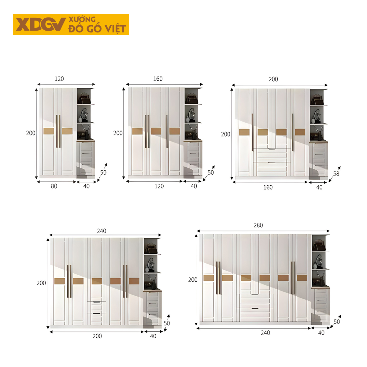 Tủ Quần Áo Gỗ Cao Su Kết Hợp Bàn Trang Điểm Màu Trắng Đẹp