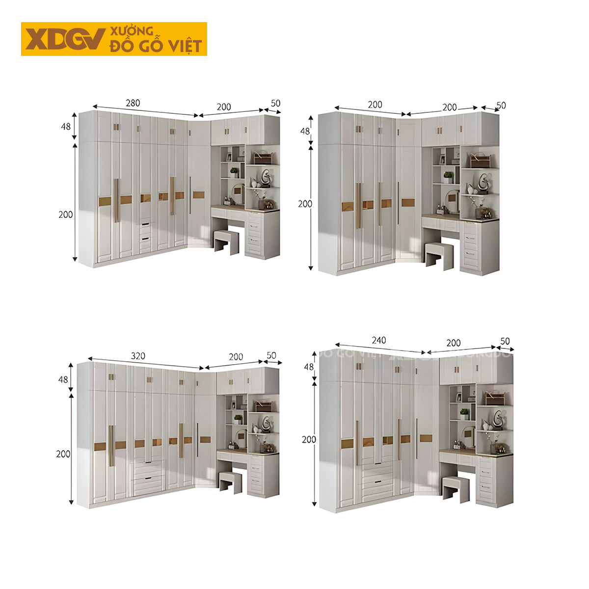 Tủ Quần Áo Gỗ Cao Su Kết Hợp Bàn Trang Điểm Màu Trắng Đẹp