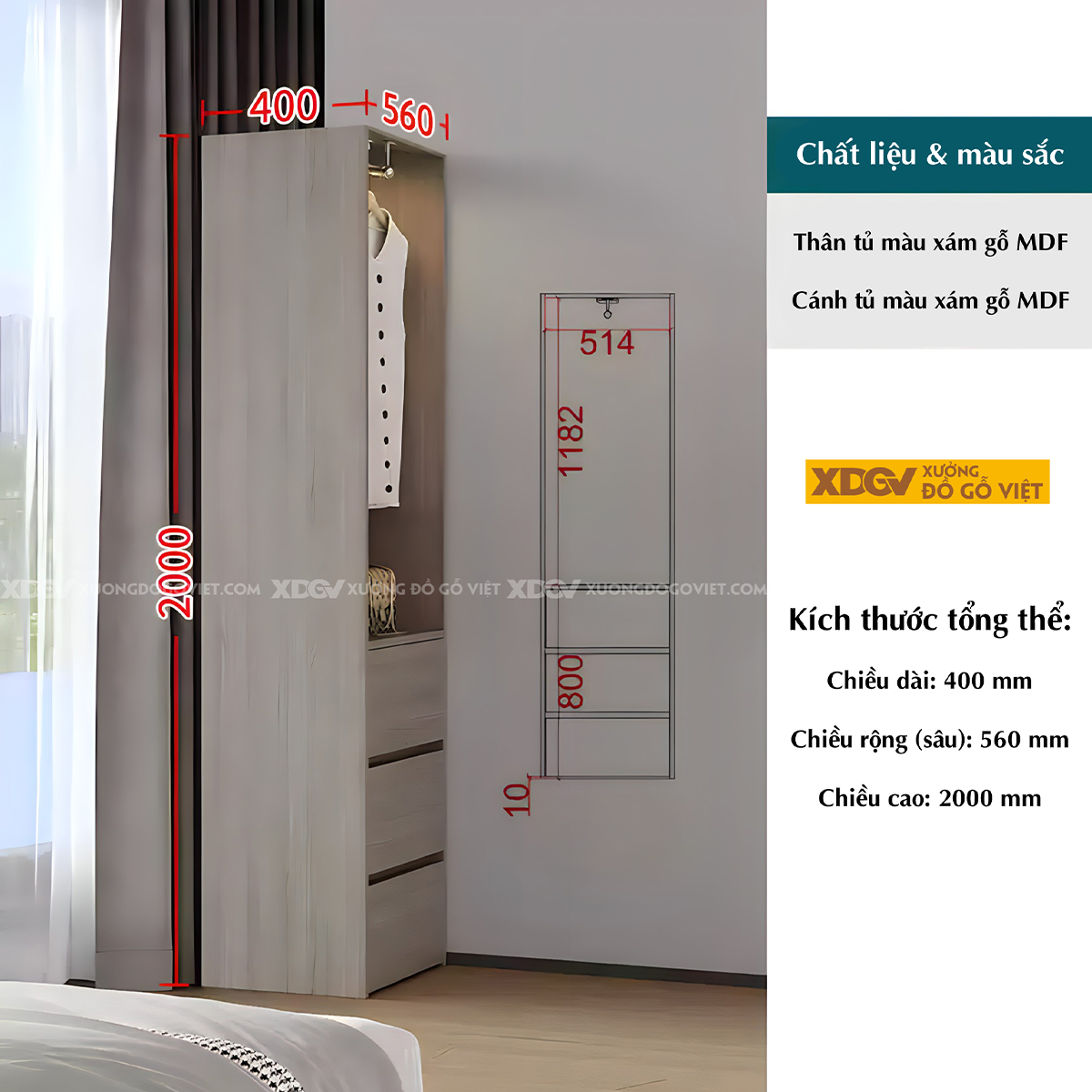 Tủ Quần Áo Gỗ Công Nghiệp MDF Xám Tay Âm Dạng Hộp Tối Giản