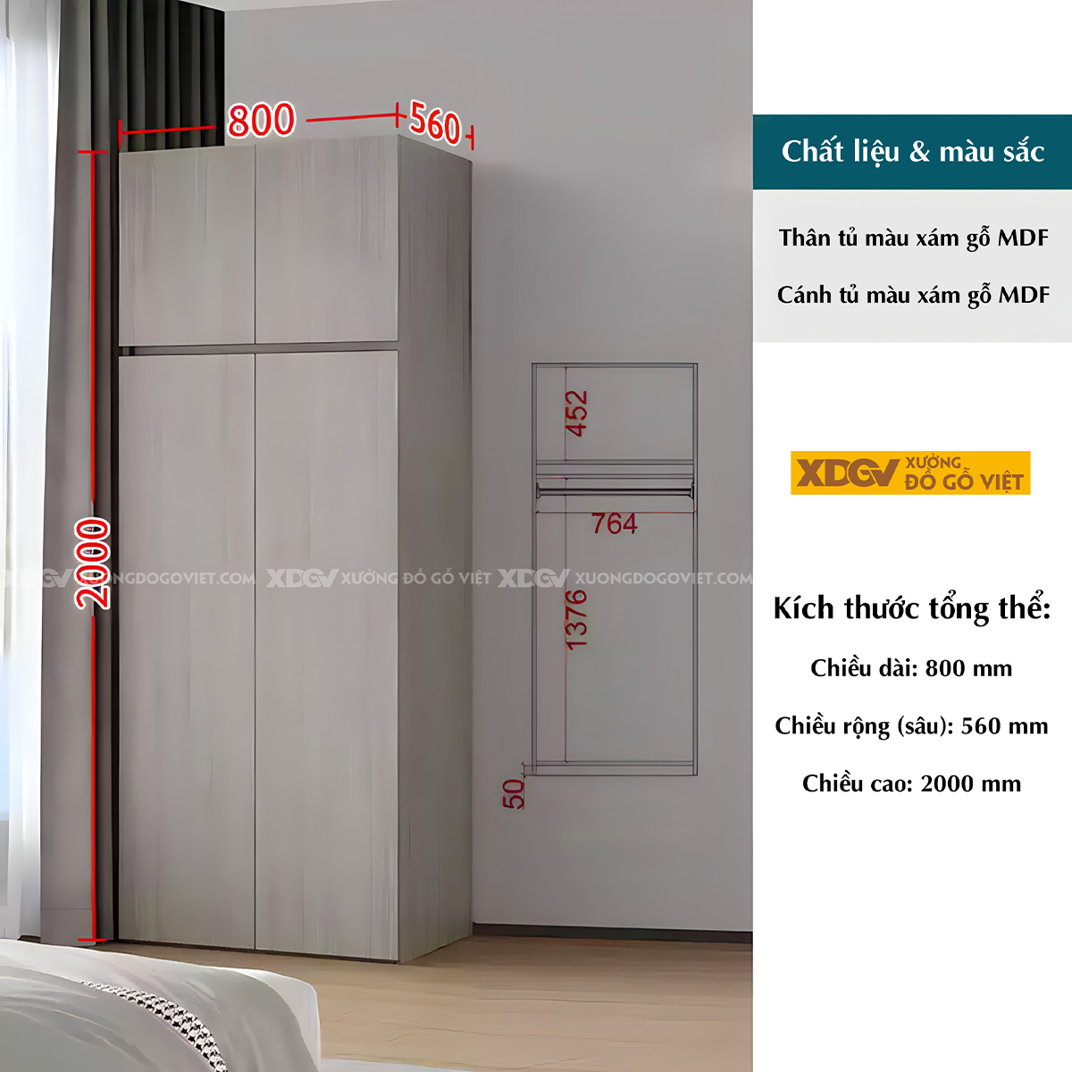 Tủ Quần Áo Gỗ Công Nghiệp MDF Xám Tay Âm Dạng Hộp Tối Giản