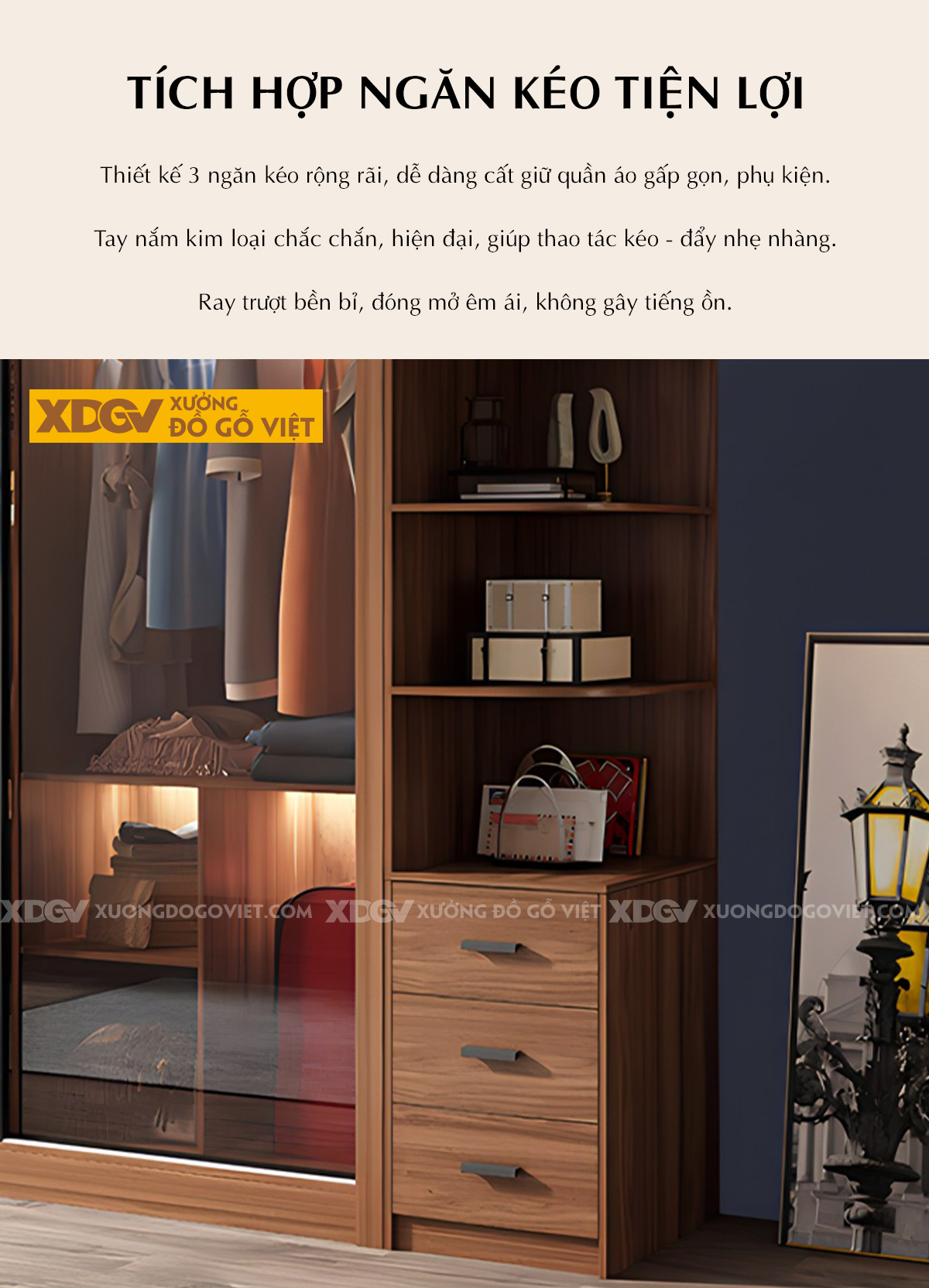 Tủ Quần Áo Gỗ MDF Hiện Đại 2 Cánh Kính Lùa Khung Nhôm Đen